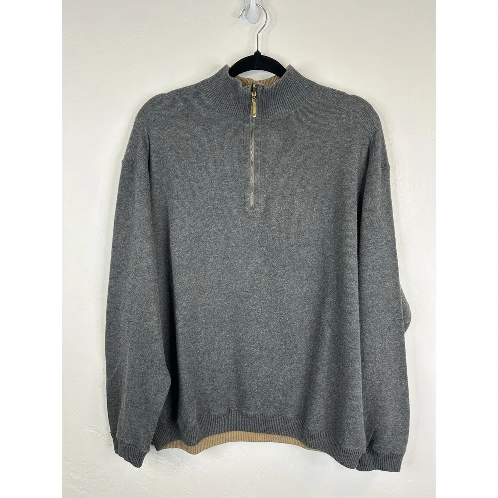 Quarter Zip Mock Neck Size XL Gray Sweater Pullover Cotton Preppy Casual Classic